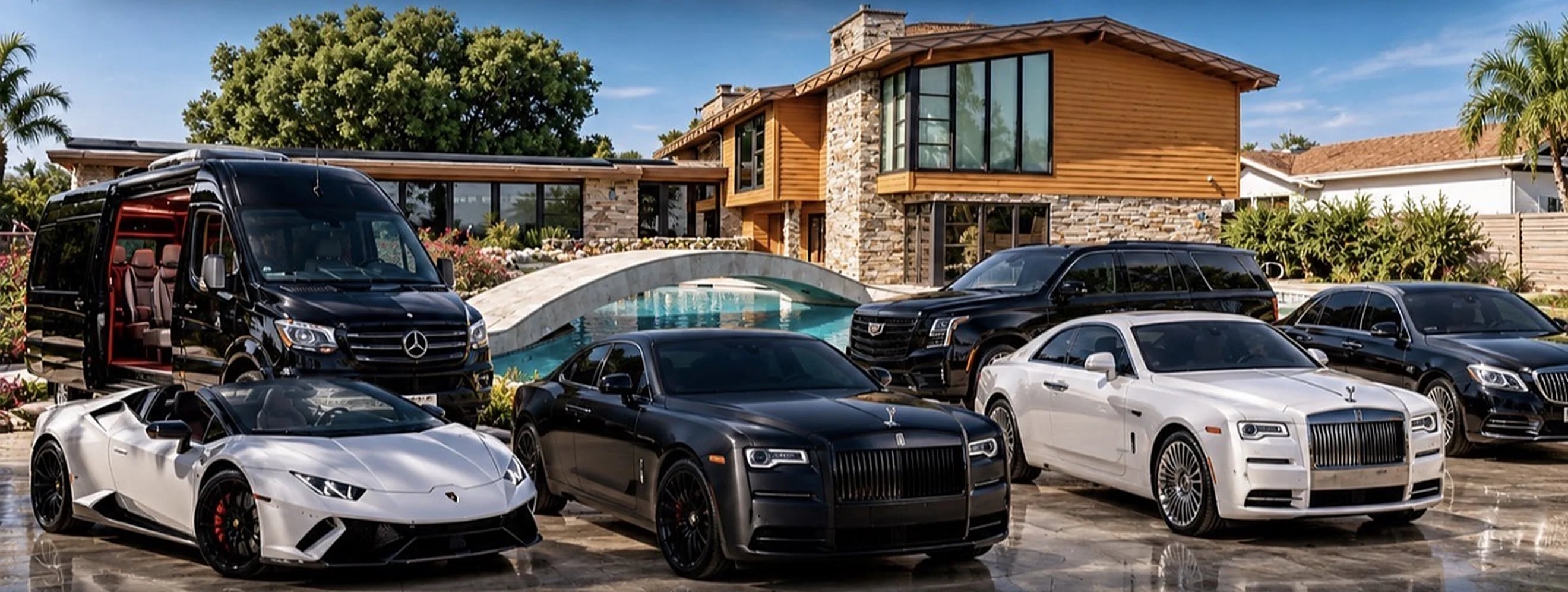 A lineup of luxury vehicles — a Lamborghini, two Rolls-Royce coupés, a Cadillac Escalade, a Mercedes-Maybach and an executive Sprinter — in front of a stone and timber estate