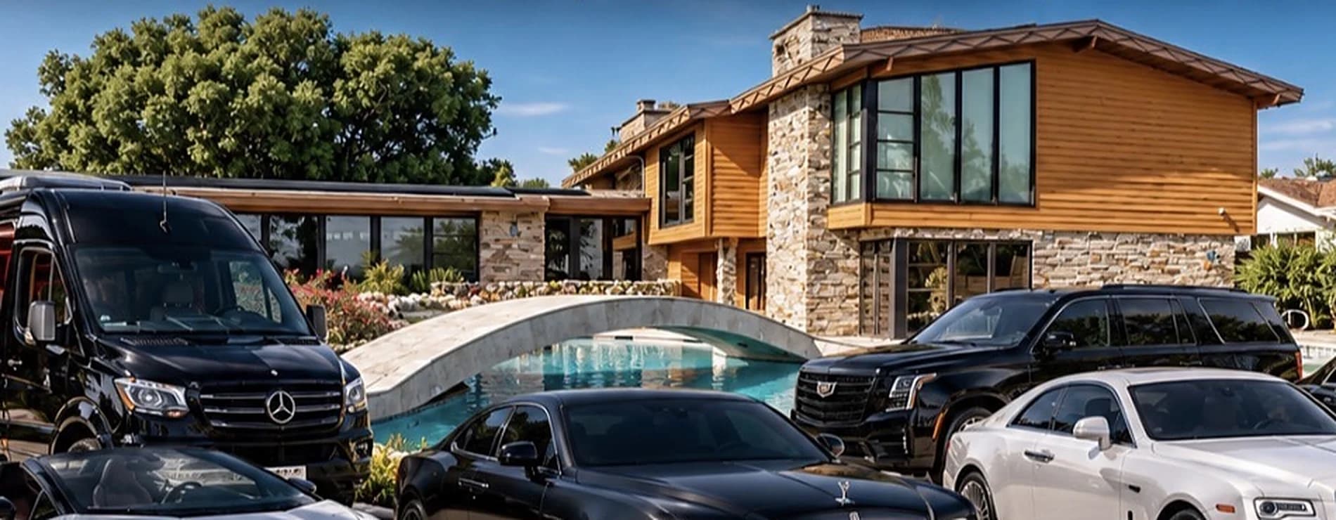 The collection assembled on the forecourt of a stone and timber estate beside a pool